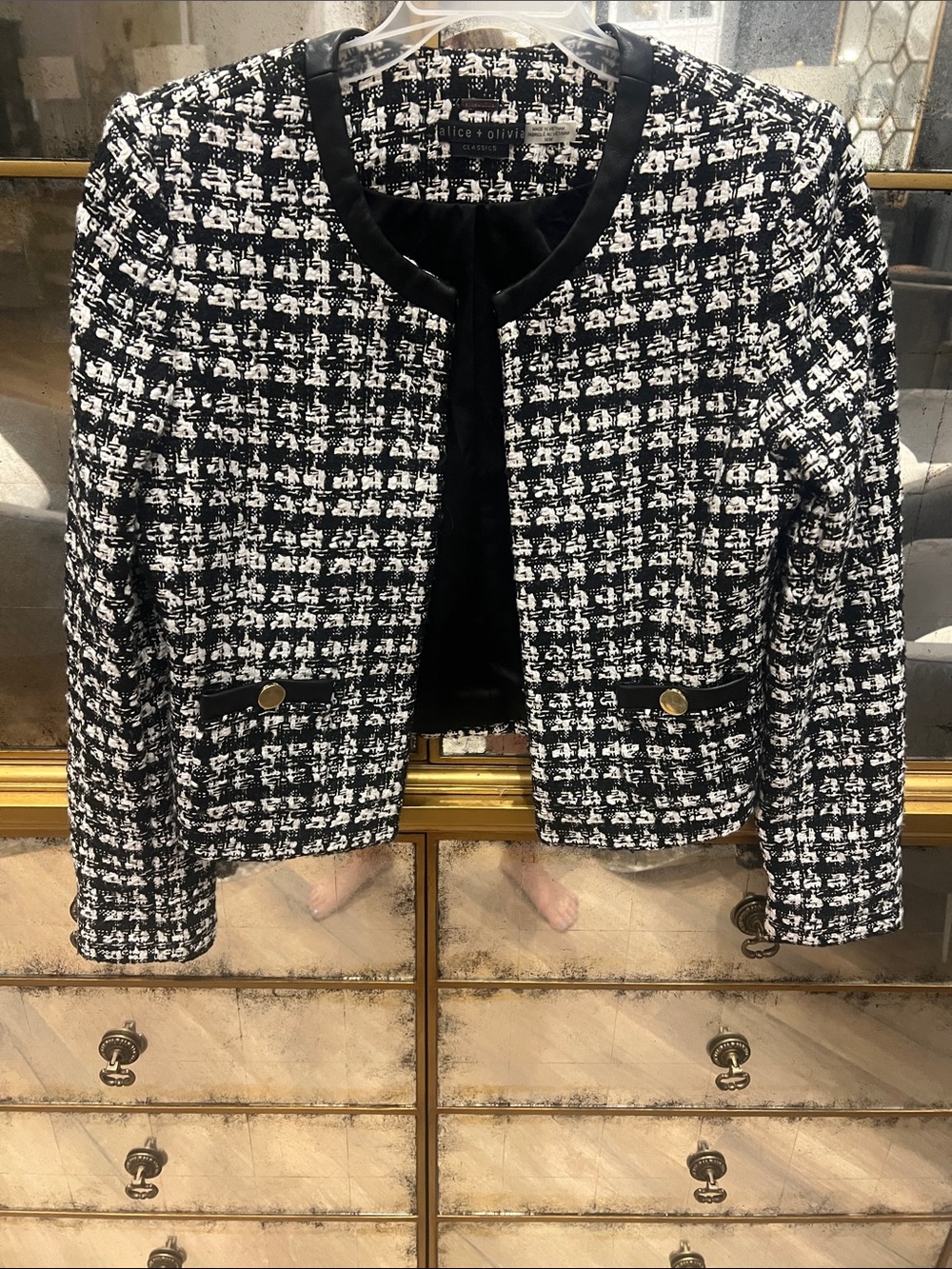 Alice + Olivia Black & White Tweed Cropped Blazer